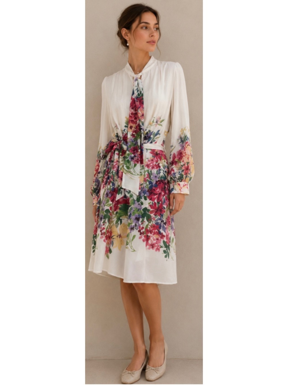 Julia Jordan Floral Midi Dress Size S White Red Long Sleeve Tie Waist